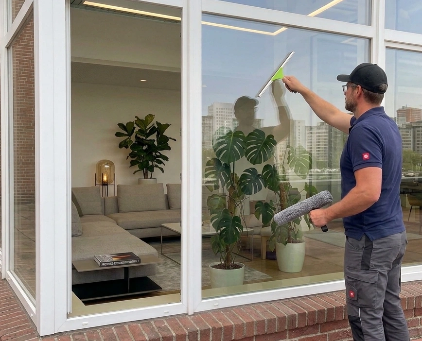 Klinpal Fensterputzer bei der Arbeit – professionelle Fensterreinigung in Düsseldorf und NRW
